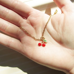Little Cherry Necklace | Tomato Girl Aesthetic | Kawaii Enamel Cherry Necklace | Cottagecore | Y2K Tiny Cherry Fruit Chain Necklace