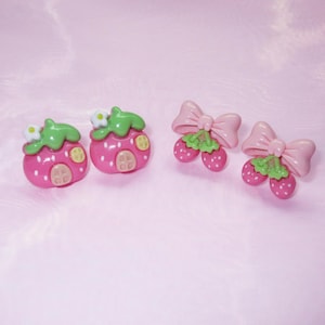 Strawberry House or Bow Stud Earrings | Y2K Fashion | Cutecore Kawaii Earrings | Soft Girl Aesthetic | Harajuku Decora Kawaiicore | Coquette