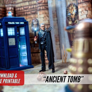 May include: A blue police box with the text "POLICE BOX" on the side, a figure in a black coat and scarf holding a blue light, and a blurry image of a gold and brown robot in the foreground. The text "DOWNLOAD & HOME PRINTABLE" is in red at the bottom left of the image. The text "ANCIENT TOMB" is in black at the bottom right of the image.