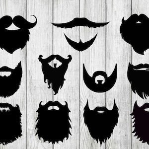 May include: A set of ten black and white beard silhouette illustrations. The illustrations include different beard styles, such as a moustache, a goatee, and a full beard.