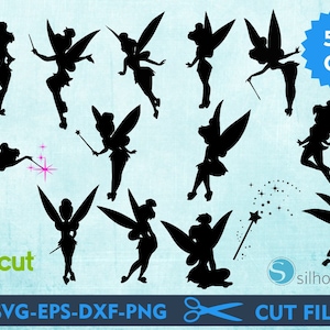 Puede incluir: Un conjunto de 12 imágenes en silueta negra de hadas Tinkerbell en varias poses, incluyendo volando, sosteniendo una varita mágica y de pie. Las imágenes son perfectas para proyectos de manualidades, scrapbooking y diseño digital.