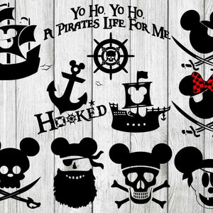 May include: Black and white silhouette images of Mickey Mouse and Minnie Mouse dressed as pirates. The images include a pirate ship, an anchor, a skull and crossbones, and the text "Yo Ho, Yo Ho, A Pirates Life For Me".
