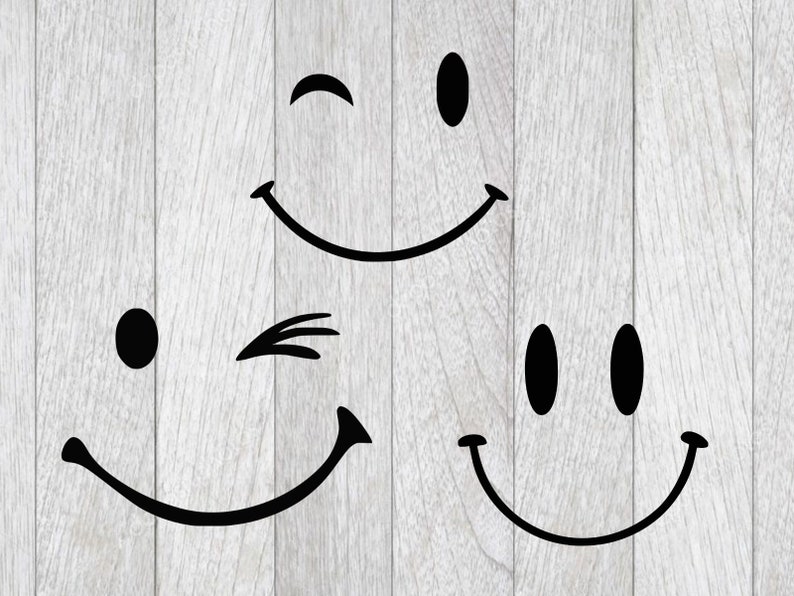 May include: Three black and white smiley faces with different expressions. The first smiley face is winking, the second smiley face has one eye closed, and the third smiley face has both eyes open.