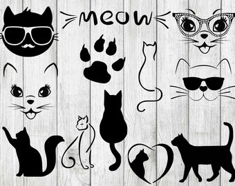 Paquete de archivos SVG de gatos, imágenes prediseñadas de gatos, silueta de gato SVG, paquete de archivos SVG de maullidos, paquete de archivos SVG de gatos, archivos de corte para Cricut Silhouette, SVG, EPS, PNG, DXF