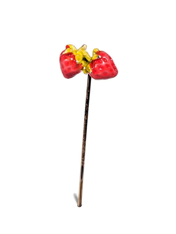 Retro Red Enamel Gold Double Strawberry Stick Pin… - image 3