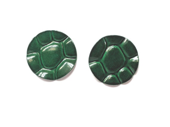 80's Green Enamel Turtle Shell Large Round Earrin… - image 7