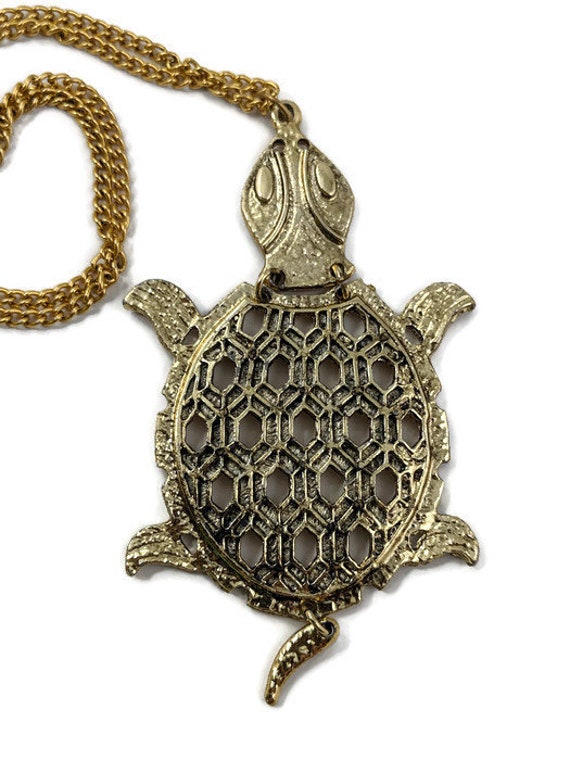 Vintage Geometric Large Brass Turtle Necklace sta… - image 4
