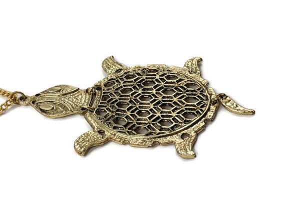 Vintage Geometric Large Brass Turtle Necklace sta… - image 5