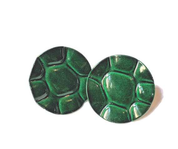 80's Green Enamel Turtle Shell Large Round Earrin… - image 2