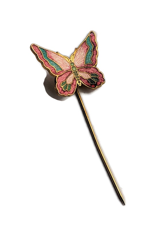 Vintage Cloisonne Pink enamel butterfly stick pin