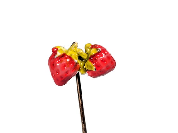 Retro Red Enamel Gold Double Strawberry Stick Pin… - image 1