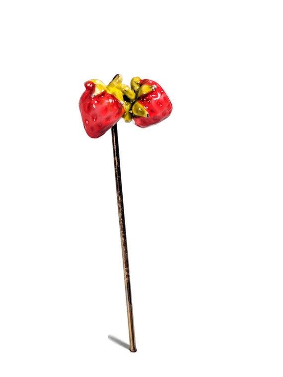 Retro Red Enamel Gold Double Strawberry Stick Pin… - image 4