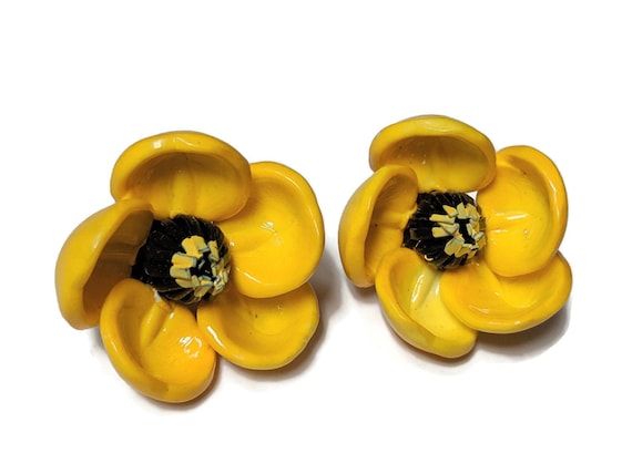 Yellow Buttercup Clip on Earrings Natural Seed Nu… - image 1