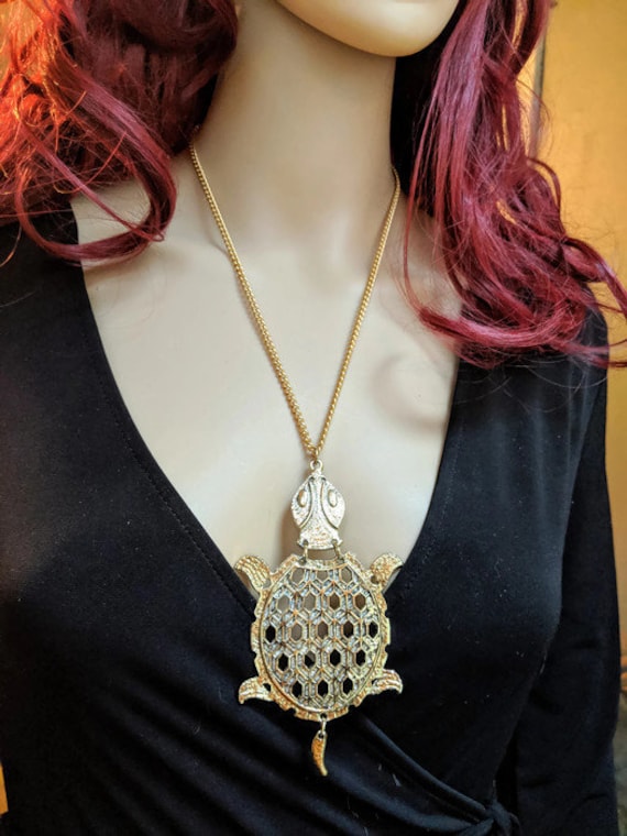 Vintage Geometric Large Brass Turtle Necklace sta… - image 7