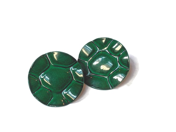 80's Green Enamel Turtle Shell Large Round Earrin… - image 1