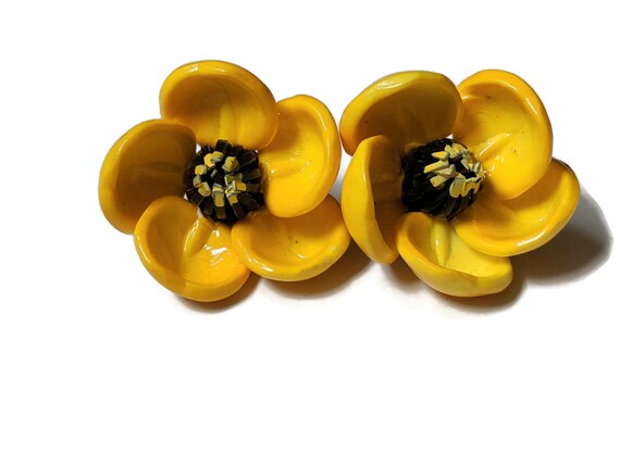 Yellow Buttercup Clip on Earrings Natural Seed Nu… - image 3