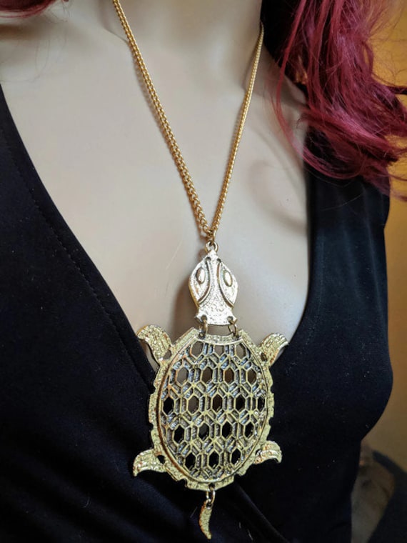 Vintage Geometric Large Brass Turtle Necklace sta… - image 8