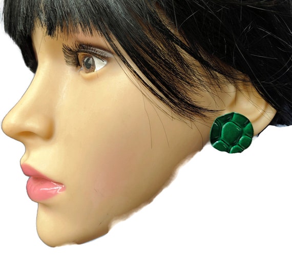 80's Green Enamel Turtle Shell Large Round Earrin… - image 4