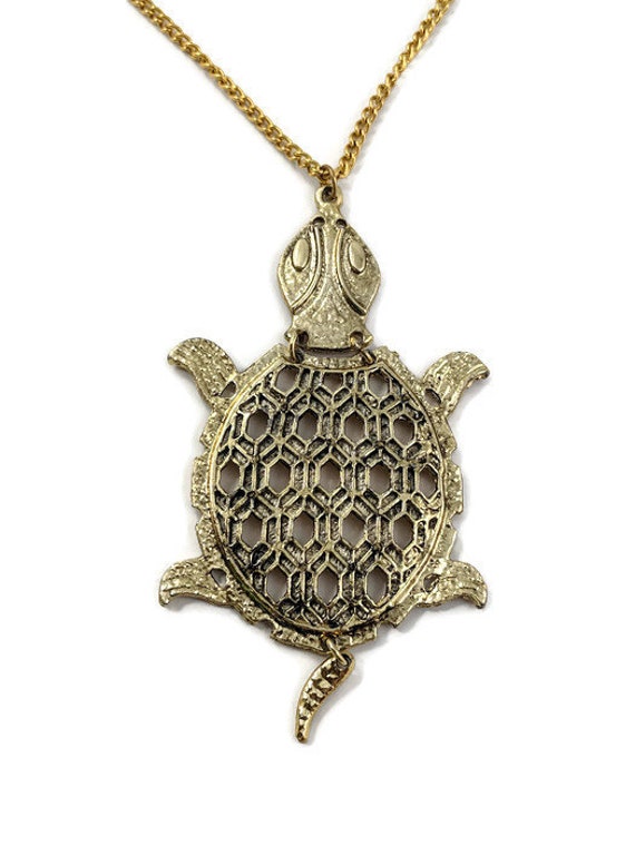 Vintage Geometric Large Brass Turtle Necklace sta… - image 2