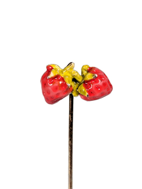 Retro Red Enamel Gold Double Strawberry Stick Pin… - image 2