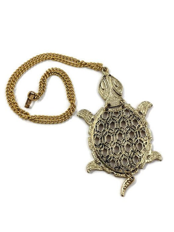Vintage Geometric Large Brass Turtle Necklace sta… - image 1