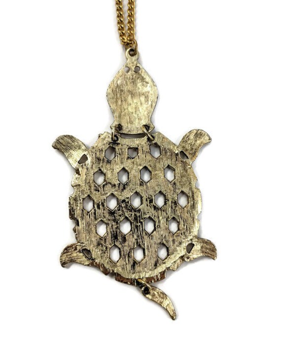 Vintage Geometric Large Brass Turtle Necklace sta… - image 3