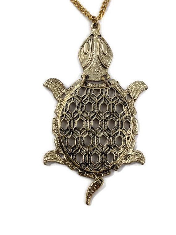 Vintage Geometric Large Brass Turtle Necklace sta… - image 6