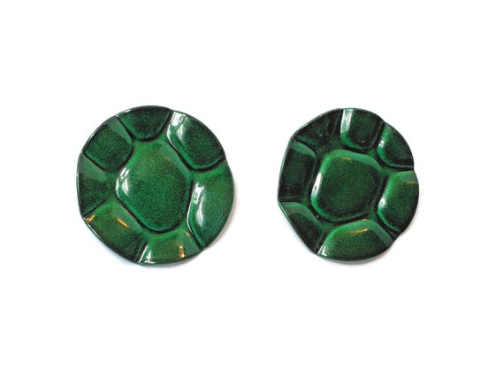 80's Green Enamel Turtle Shell Large Round Earrin… - image 6