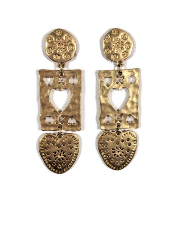 Long Gold Cut Out Queen of hearts Dangle Statement