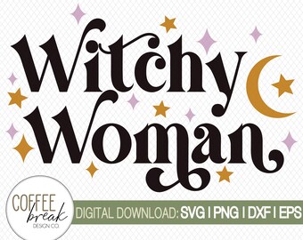 May include: A digital graphic design featuring the black text Witchy Woman in a stylized font, surrounded by small gold stars, light purple four-pointed stars, and a gold crescent moon. A circular logo and a green bar with text are included.