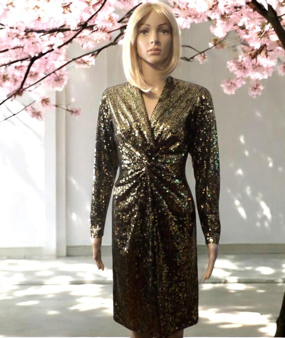 Vintage Black Tie evening party dress stunning fully embellished gold sequin party cocktail dress by He Ro size 6 Vintage Black Tie evening party dress stunning fully embellished gold sequin party cocktail dress by He Ro size 6