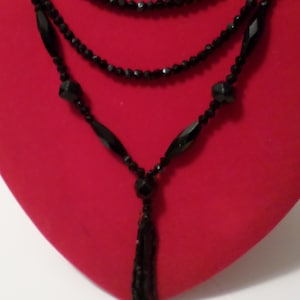 Antique 1930&#39;s Stunning French Jet Glass Necklace with Tassel Charm Length 26&quot; Tassel 3&quot;
