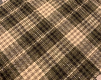 Green & Cream Plaid Flannel, Soft Lightweight Flannel Cotton Apparel Fabric Remnant, gray, grey, dark green, off-white, khaki, cream