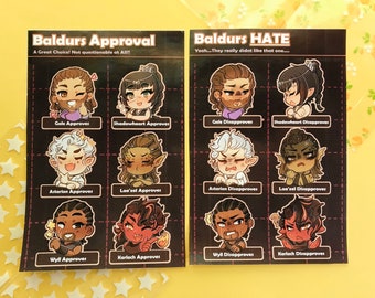 May include: Two sets of stickers featuring cartoon characters from the video game Baldur's Gate 3. The first set shows characters who approve of a choice, and the second set shows characters who disapprove. Each sticker features a different character with a unique expression.