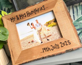 Premium Wedding Photo Frame Personalised | Luxury Engraved Rustic Picture Frame 7x5" | Solid Wood | Same Sex Marriage | Bark Edged Wooden