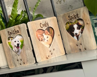 Dog / Cat Triple Wooden Photo Frame - Personalised Driftwood Picture Frame with Three Heart Shaped Cut Outs, Engraved Names and Paw Prints