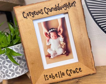 Gorgeous Granddaughter / Grandson Photo Frame – Rustic Premium Bark Edge Wood Picture Frame – Handmade Baby Gift