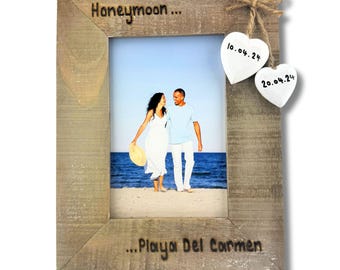 Honeymoon Photo Frame | Personalised Driftwood Style Photo Frame 6x4" | Location and Date Personalisation | Wedding Gift