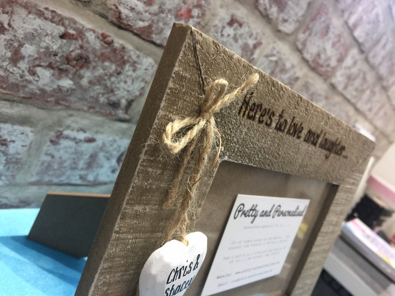 Personalised driftwood style photo frame 6x4 for wedding  anniversary Here/'s to love and laughter and happily ever after Engraved wooden