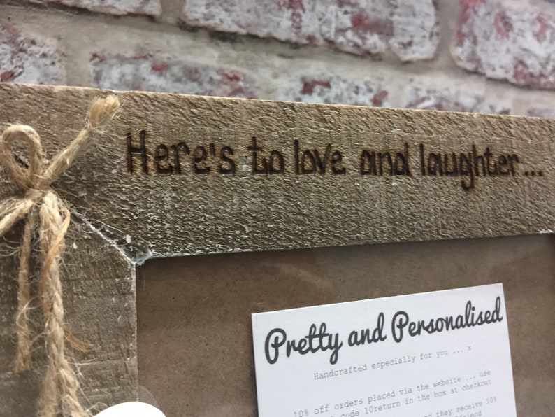 Personalised driftwood style photo frame 6x4 for wedding  anniversary Here/'s to love and laughter and happily ever after Engraved wooden