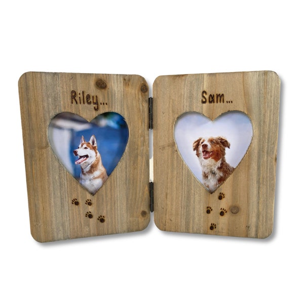 Dog / Cat | New Pet Puppy Kitten Personalised Double Heart Driftwood Photo Frame | Twin Picture Frame With Paw Prints Perfect For Two Dogs