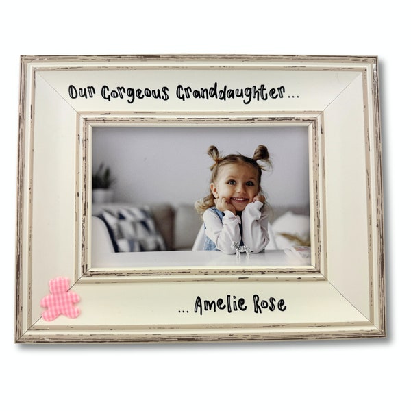 New Granddaughter Personalised Vintage Style Photo Frame | Baby Grandchild Great Granddaughter | Grandparents Gift | 4 Colours Shabby Chic
