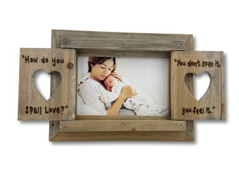 New Baby Photo Frame | Personalised Driftwood Heart Shutter Photo Frame 6x4" | Winnie the Pooh, How Do You Spell Love | New Mom Gift