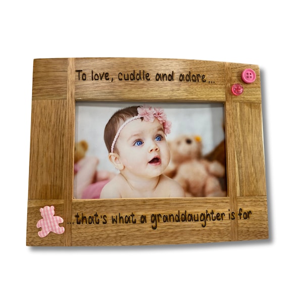 Granddaughter Personalised Wooden Photo Frame | Grandson Grandchildren | Love, Cuddle & Adore | Solid Oak | 6x4”, 7x5” or 10x8" Photo