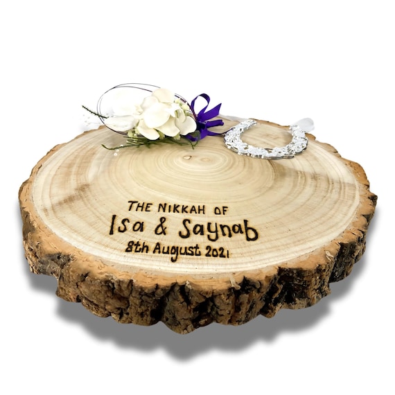 Nikkah Wedding Engagement Ring Plate | Personalised Large Rustic Wooden Log Slice | Nikah Ceremony Celebration | 3 Sizes Available