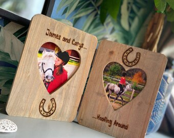 Hoofing Around / Horse / Pony | Equestrian Gift / Horseshoe | Hand Engraved | Personalised Double Heart Driftwood Photo Frame