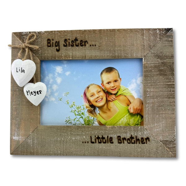 Big Sister Little Brother Photo Frame | Personalised Driftwood 6x4" Picture Frame | New Baby Sibling | Bespoke Hand Engraved Gift Mum Dad
