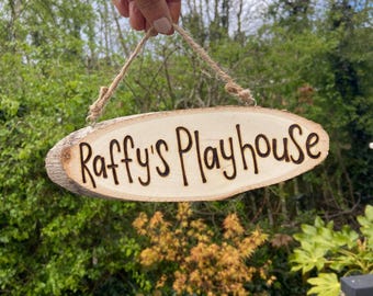 Wooden Hanging Door Sign Personalised | Playhouse / Den / Mud Kitchen / Plaque | Custom Engraved