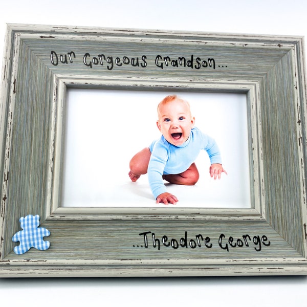 Our Gorgeous Grandson Vintage Personalised Photo Frame | 4 Colours Available Baby Great Grandchild Grandparents Gift | 6x4 7x5 Shabby Chic