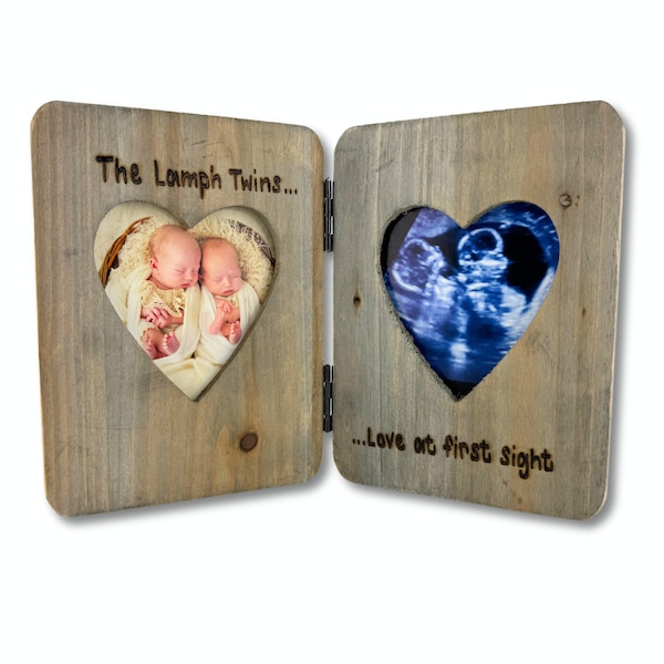 Twins | Love At First Sight | Personalised Baby Scan Photo Frame Double Heart Driftwood 1st 2nd Sonogram | Pregnancy Gift